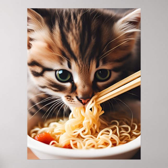 Adorable  Kitten Eating Ramen Noodles Poster (Front)