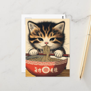Adorable Kitten Eating Ramen Woodblock Print Postcard