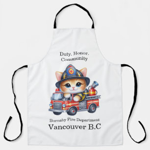 Adorable kitten firefighter in bright truck apron