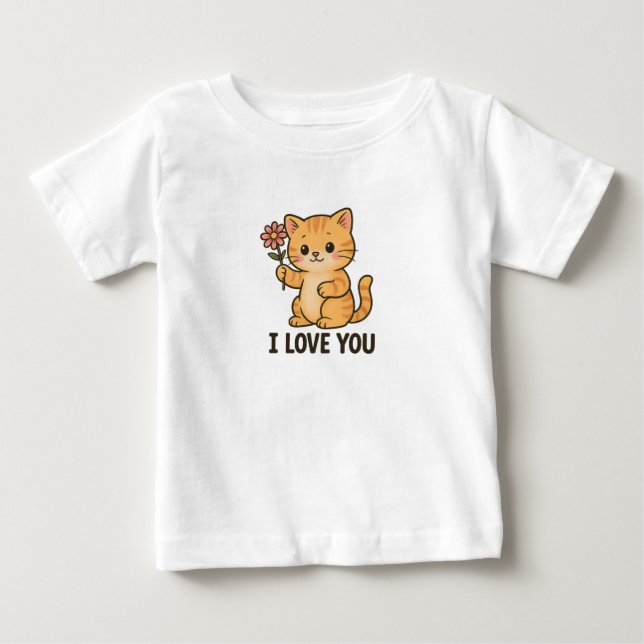 Adorable Kitten Holding Flower – I LOVE YOU Cute  Baby T-Shirt (Front)