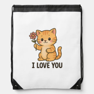 Adorable Kitten Holding Flower – I LOVE YOU Cute Drawstring Bag