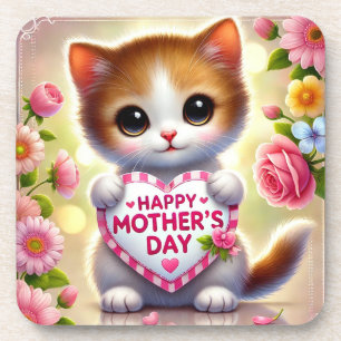 Adorable Kitten Holding Mothers Day Heart Beverage Coaster
