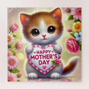 Adorable Kitten Holding Mothers Day Heart Jigsaw Puzzle
