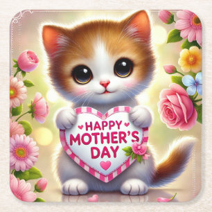 Adorable Kitten Holding Mothers Day Heart Square Paper Coaster