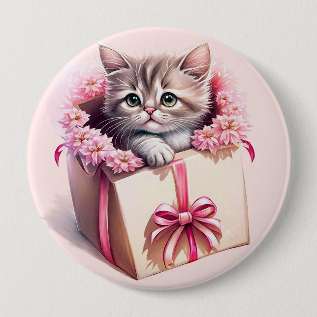 Adorable Kitten in a Box Birthday Gift Button (Front)
