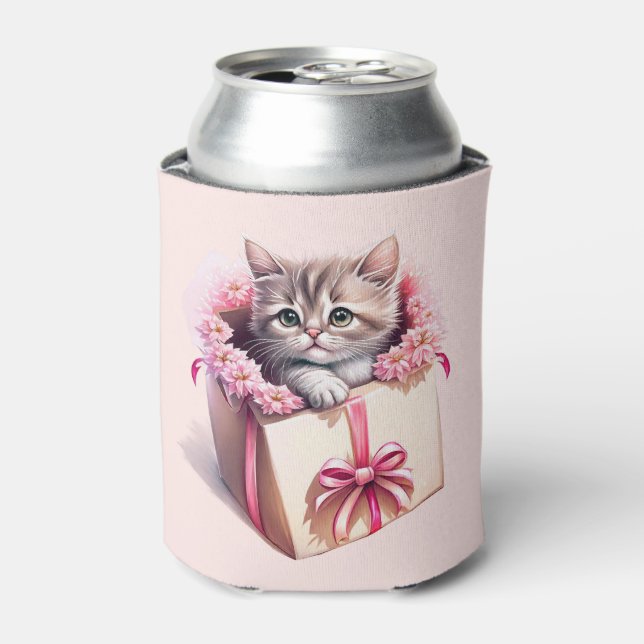 Adorable Kitten in a Box Birthday Gift Can Cooler (Can Front)