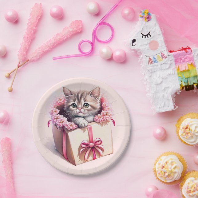 Adorable Kitten in a Box Birthday Gift Paper Plates (Party)