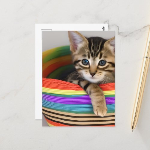 Adorable Kitten in a Colorful Basket Postcard