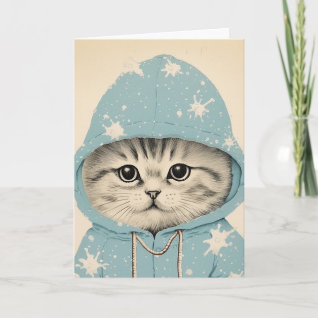 Adorable Kitten in a Pastel Blue Hoodie Card (Front)