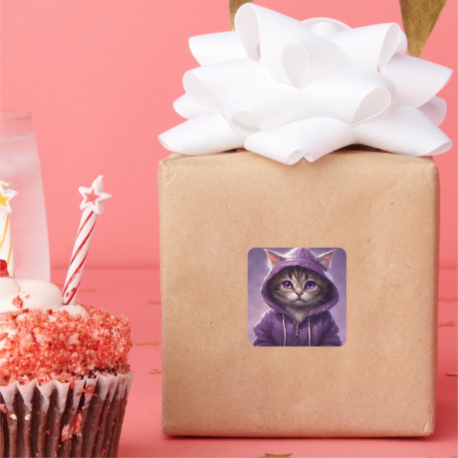 Adorable Kitten in a Purple Hoodie Square Sticker (Party)