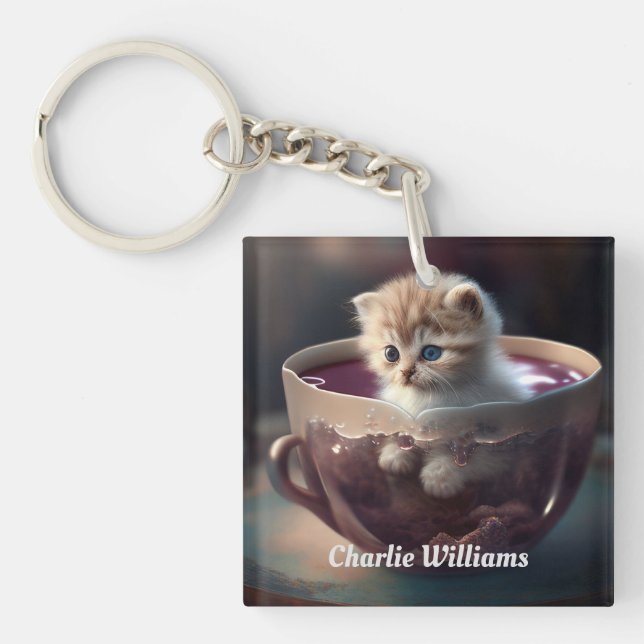 Adorable Kitten in a teacup Personalized  Keychain (Front)