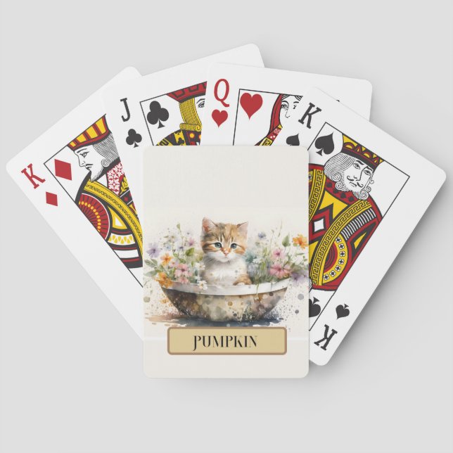 Adorable Kitten in Bowl with Flowers, Personalize Poker Cards (Back)