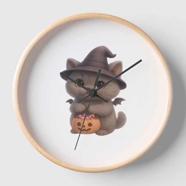 Adorable Kitten in Halloween Witch Costume with Pu Clock (Front)
