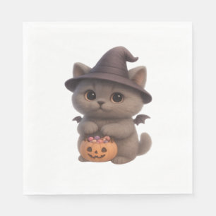 Adorable Kitten in Halloween Witch Costume with Pu Napkins