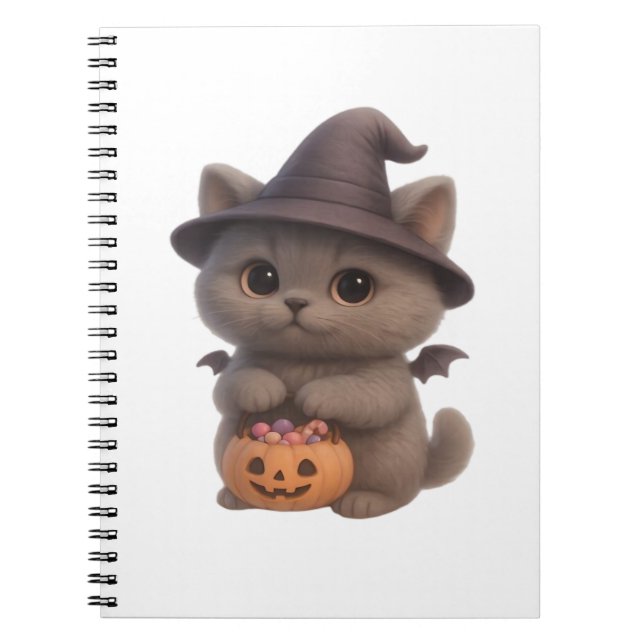 Adorable Kitten in Halloween Witch Costume with Pu Notebook (Front)