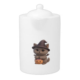 Adorable Kitten in Halloween Witch Costume with Pu Teapot
