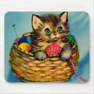 adorable kitten in knitting basket mouse pad