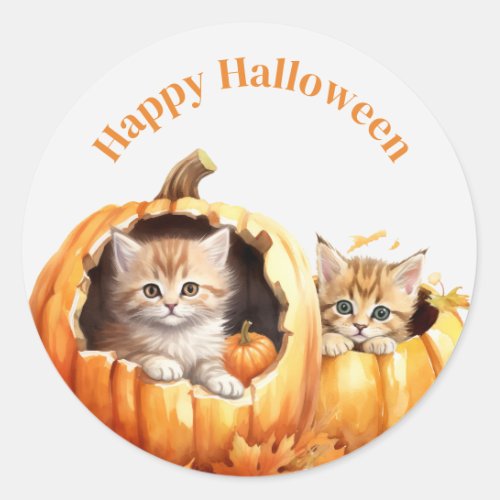 Adorable Kitten in Pumpkin Halloween Classic Round Sticker