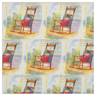 adorable kitten napping on porch rocker print fabric