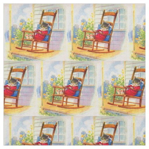 adorable kitten napping on porch rocker print fabric