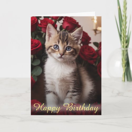 Adorable Kitten Nestled in Beautifull Red Roses Card