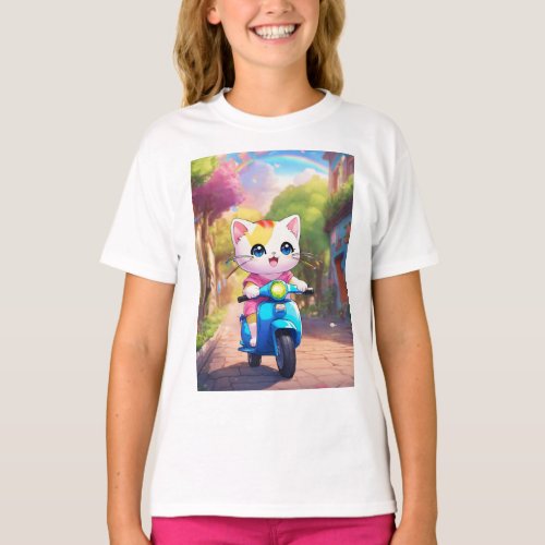 Adorable Kitten Riding Scooter Printed T_Shirt