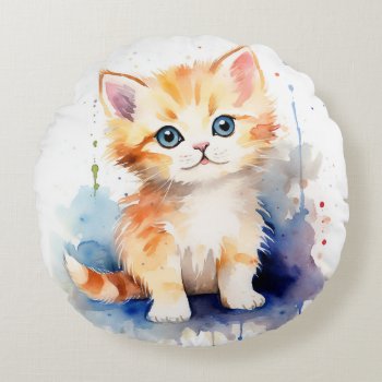 Adorable Kitten Round Pillow by RossiCards at Zazzle
