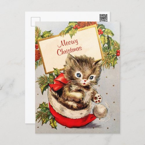 Adorable Kitten Sitting Santa Hat Meowy Christmas Postcard