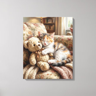 Adorable Kitten Sleeping with Teddy Bear Canvas Print