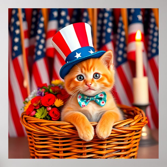 Adorable Kitten Wearing Patriotic Hat Poster (Front)