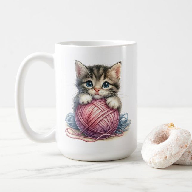 Adorable Kitten with Ball of Yarn Cute Cat  Coffee Mug (With Donut)