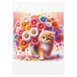 Adorable Kitten with Colorful Flower Bouquet Tablecloth