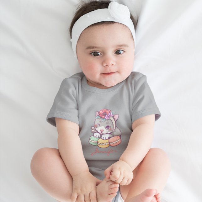 Adorable Kitten with Green Yellow Pink Macaroons Baby Bodysuit (Creator Uploaded)