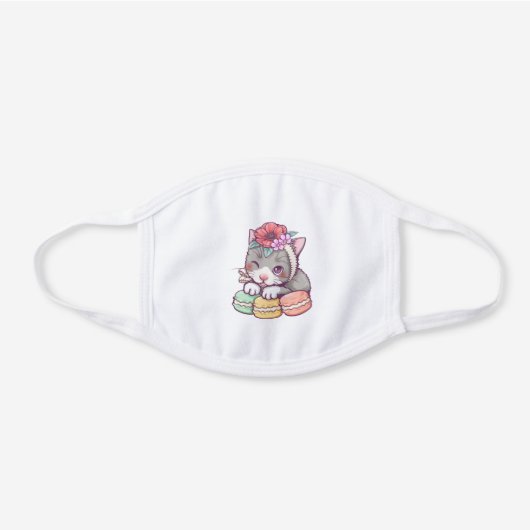 Adorable Kitten with Green Yellow Pink Macaroons White Cotton Face Mask (Front)