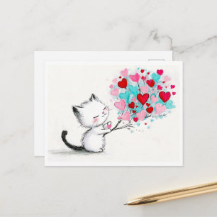 Adorable Kitten with Hearts Illustration Postcard