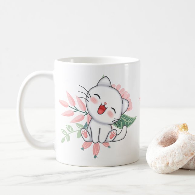 Adorable Kitten with Pastel Flowers Coffee Mug (With Donut)