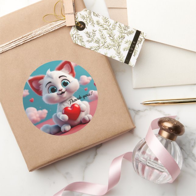 Adorable Kitten with Red Heart Thank you Sticker (Gifting)
