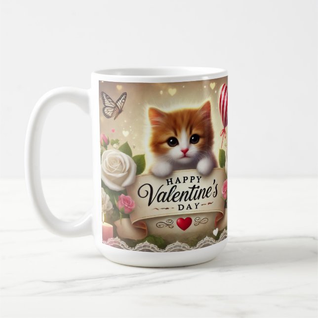 Adorable Kitten with Roses, Candles, and Hearts Coffee Mug (Left)