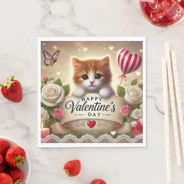 Adorable Kitten with Roses, Candles, and Hearts Napkins (Insitu)