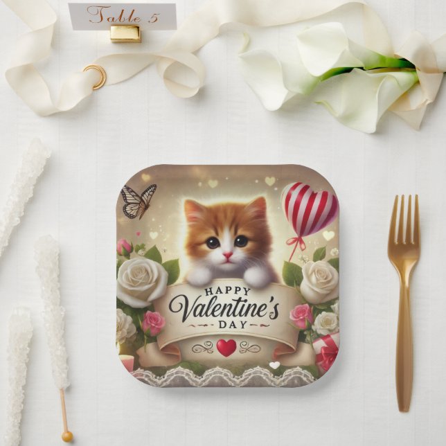 Adorable Kitten with Roses, Candles, and Hearts Paper Plates (Wedding)
