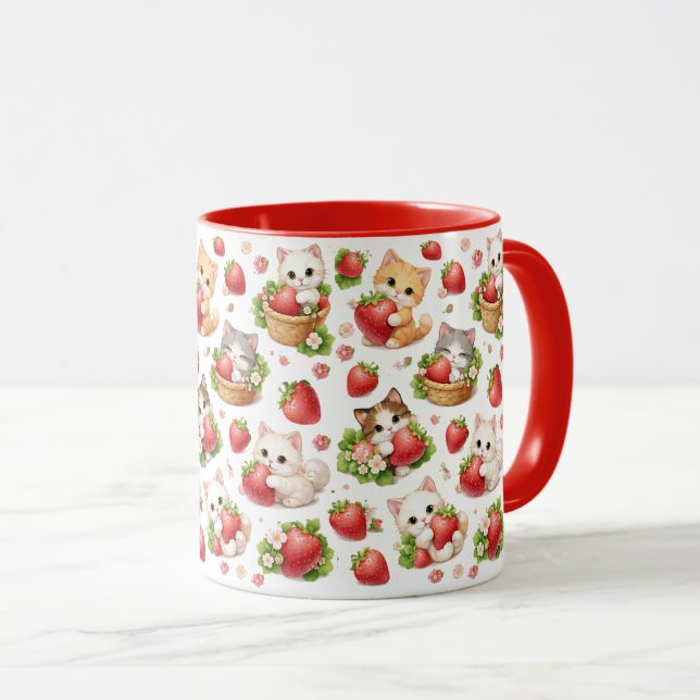 Adorable Kittens and Strawberries Ceramic Mug (Front Right)