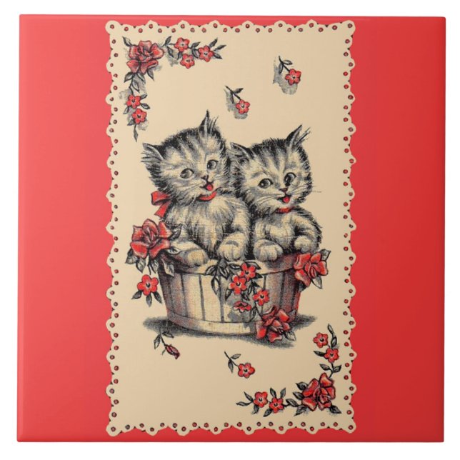 adorable kittens in a flower basket ceramic tile (Front)