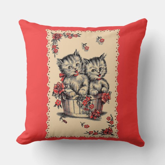 adorable kittens in a flower basket throw pillow (Front)
