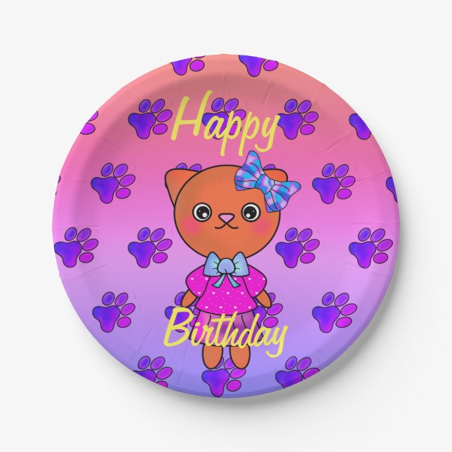 Adorable Kitty Cat Birthday Rainbow Paper Plates (Front)