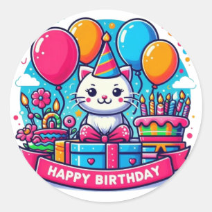 Adorable Kitty Cat Happy Birthday Classic Round Sticker