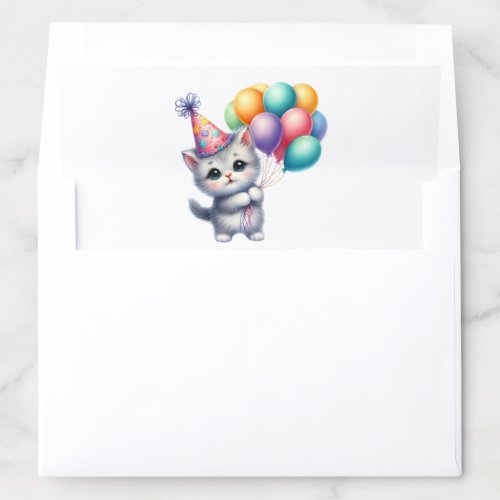 Adorable Kitty Cat in Party Hat Holding Balloons Envelope Liner