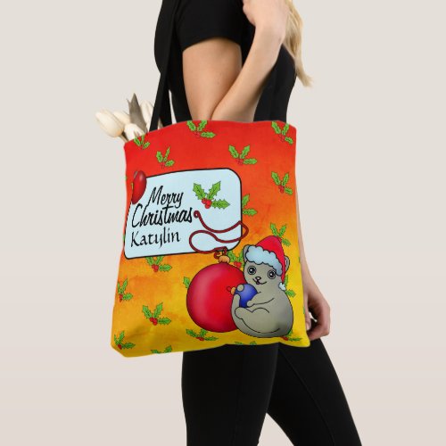 Adorable Kitty Cat in Santa Hat with Baubles Tote Bag