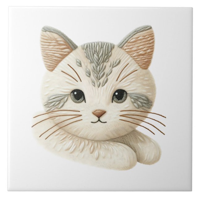 Adorable Kitty Decor Embroidered Cat Ceramic Tile (Front)
