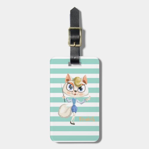 Adorable Kitty  On Mint  White Stripes Luggage Tag