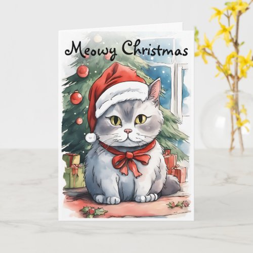 Adorable kitty watercolor style Meowy Cristmas  Card